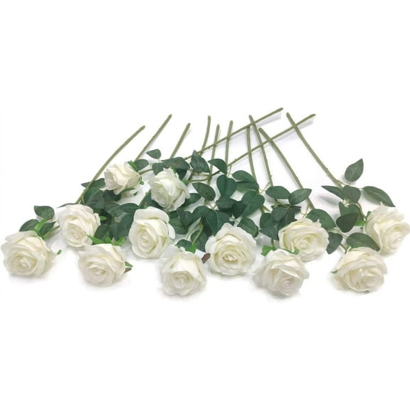 12 PCS Artificial Flowers Roses Fake Silk Flowers Long Stem Faux Flowers Roses for Home Wedding Party Outdoor Decorations(White)