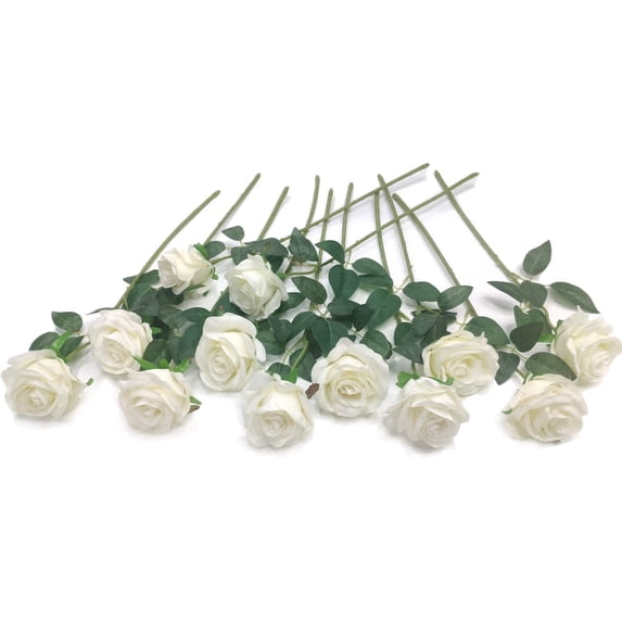 Zukuco 12 PCS Artificial Flowers Roses Silk Flowers Fake Long Stem Artificial Roses for Home(White)