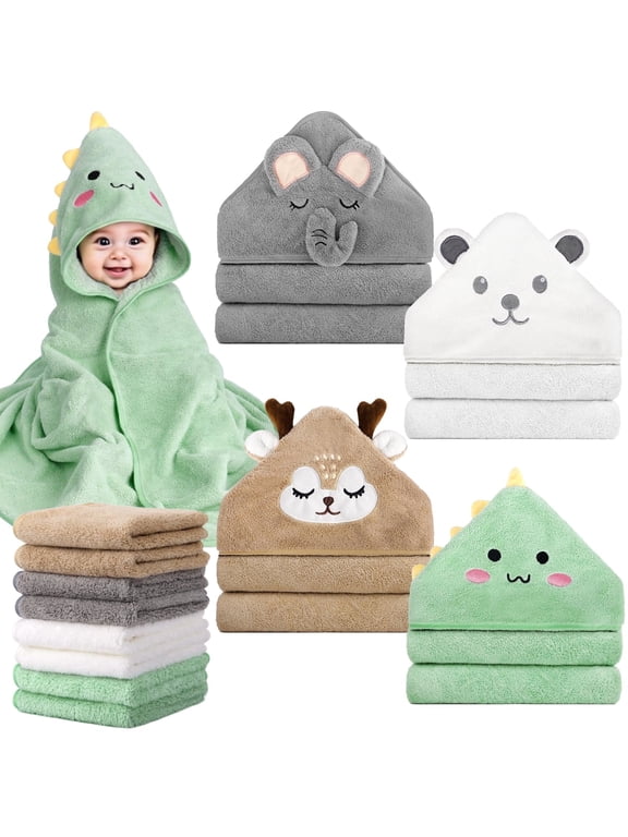 12 PCS Baby Bath Towels Set, 4 Animal Hooded Baby Towels & 8 Washcloths Set, Cute Soft Essentials Gift for Infants Toddlers