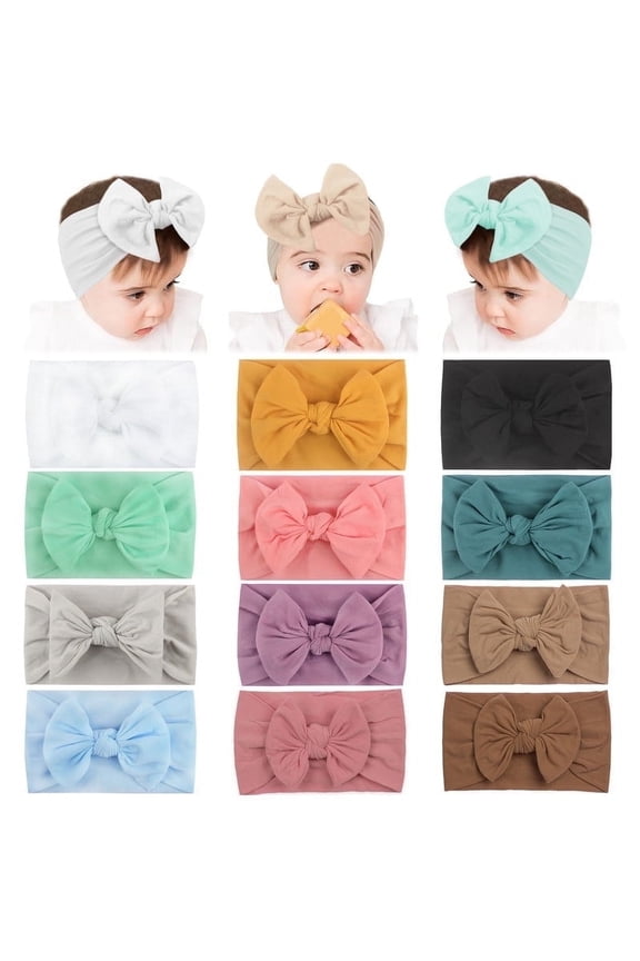 12 PCS Baby Headbands, Soft Nylon Baby Girls Hair Bows Elastics Hairbands for Newborn Infant Toddler