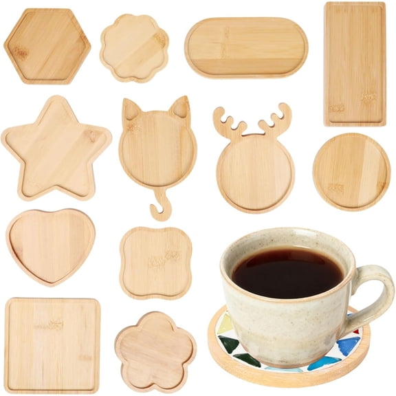 12 PCS Bamboo Assorted Shapes Mosaic Bases for DIY Mosaic Coaster Kit, Wooden Blank Base Drinking Cup Coaster Blank Base