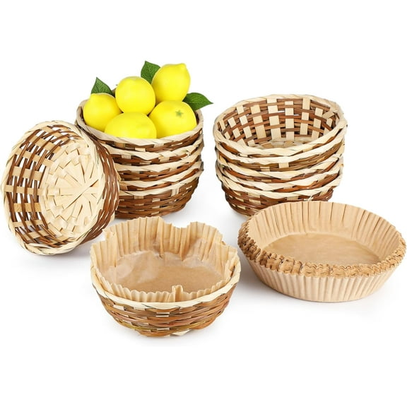 12 PCS Bamboo Round Baskets, Woven Bread Fruit Baskets, 7-Inch Woven Bread Roll Baskets, Food Serving Storage Gift Baskets for Kitchen Restaurant Display Decor