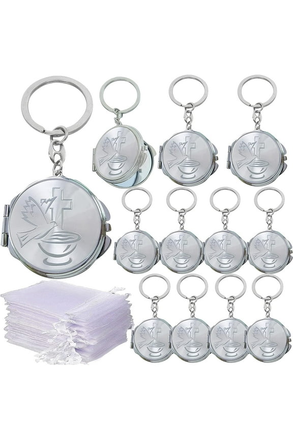 12 PCS Baptism Compact Mirror Keychain Favor -Bautizo Recuerdos/Holy Spirit Makeup Compact/First Communion/ Silver/Recuerdos para Comunion