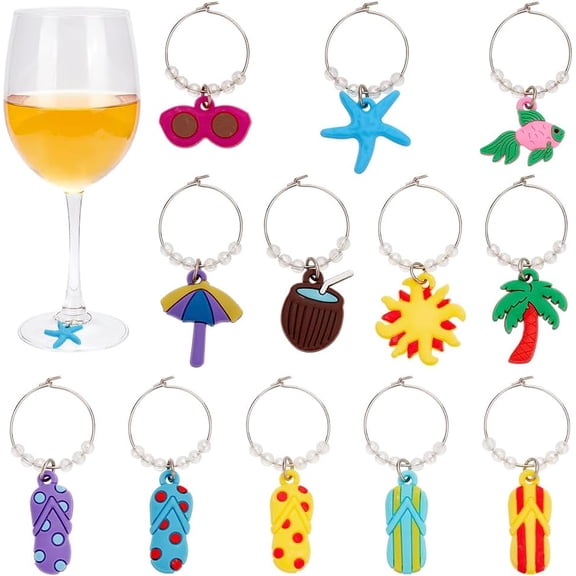12 PCS Beach Ocean Wine Glass Charms 1.7~2.3inch Long Slipper Parasol Fish Starfish Coconut Sunglasses Styles Wine Glass Identifier Charms Resin Wine Glass Charms Markers for Party DIY