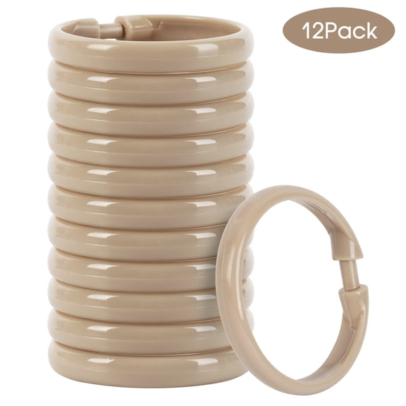 12 PCS Beige Plastic Shower Curtain Rings, Easy Snap Closure Shower Curtain Hooks ,O-Shaped Rings Hook for Bathroom Shower Rod