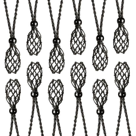 12 PCS Black Crystal Cage Necklace Holder Necklace Cord Empty Stone Holder Pendant Stone Holder Replacement Hand-Woven Necklace Cord with Adjustable Length