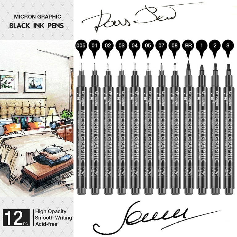 Micro Fineliner Drawing Art Pens: 12 Black Fine Line Waterproof 12 Tip  Sizes
