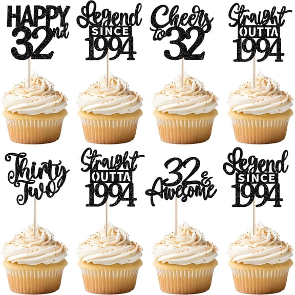 12 PCS Black Glitter 32nd Birthday Cupcake Toppers, Cheers to 32 Picks for 32nd Birthday Party Decorations