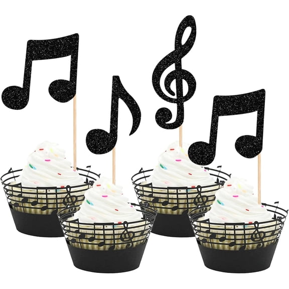 12 PCS Black Glitter Music Note and Treble Clef Cupcake Toppers for Music Party Decorations