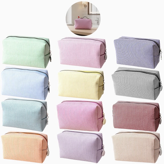 12 PCS Bulk Makeup Bags, Striped Seersucker Style Cosmetic Bags with Zipper and Metal Pendant, Portable Toiletry Bag Bulk Travel Organizer for Women, Wedding Bridesmaid Present, Assorted Colors