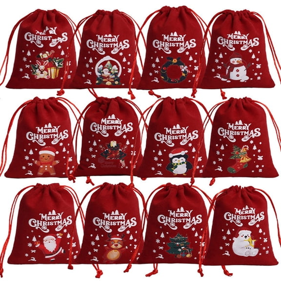 12 PCS Burlap Christmas Drawstring Gift Bags, 6x4in Christmas Linen Gift Bags, Large Xmas Burlap Sacks Jute Goody Gift Bag Candy Treat Bags Reusable Gifts Wrapping for Holiday Party Favors
