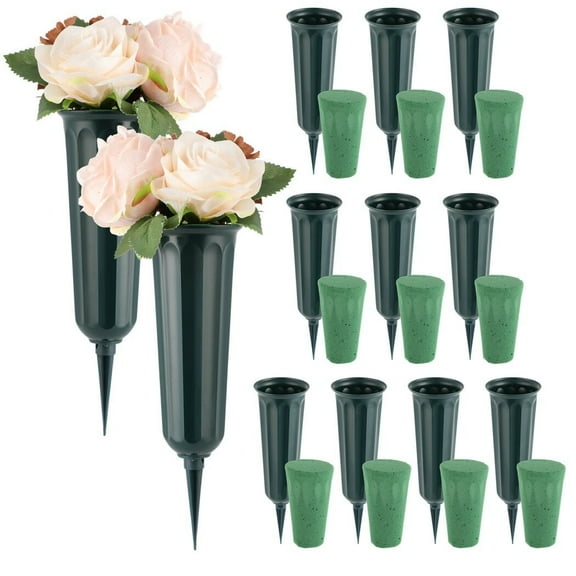 12 PCS Cemetery Vases with Spikes and Foam, Memorial Cemetery Floral Holders with Stakes, Grave Decorations Vases with Foam, Plastic Flower Holders for Cemetery Grave