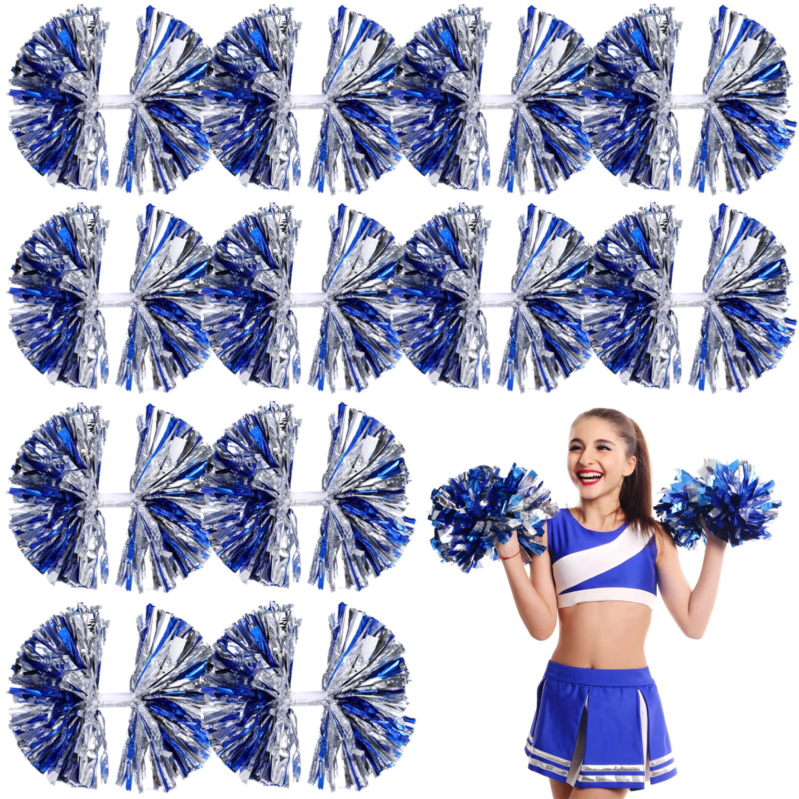 12 PCS Cheer Pom Poms, Baton Handle Cheerleading Pom Poms, Metallic Foil Cheer Pompoms for Team Sports Party Dance Cheering Accessories