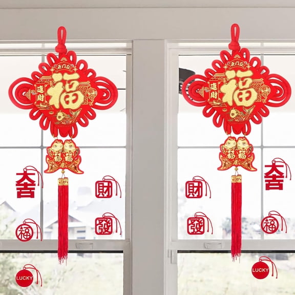 12 PCS Chinese New Year Red Chinese Knotting Cord Felt Fu Hanging Ornament for Lunar Dragon Year 2026 Spring Festival Decor - L