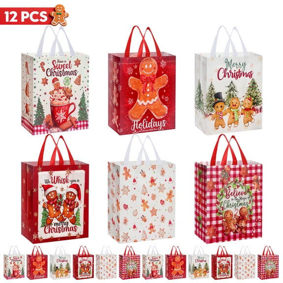 12 PCS Christmas Bags for Wrapping Holiday Gifts with Handles Reusable Tote Bags Xmas Gifts Wrapping Holiday Party Supplies 11.5x10.7x4.8