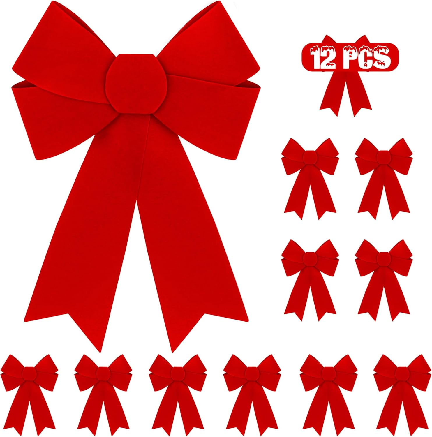 12 PCS Christmas Bows, 9 x 12 Inches Red Bows Christmas Decorations, Velvet PVC Christmas Bows for Wreaths Hanging Christmas Tree Bow Outdoor Indoor Xmas Home Party Supplies for Fence Stairs Door