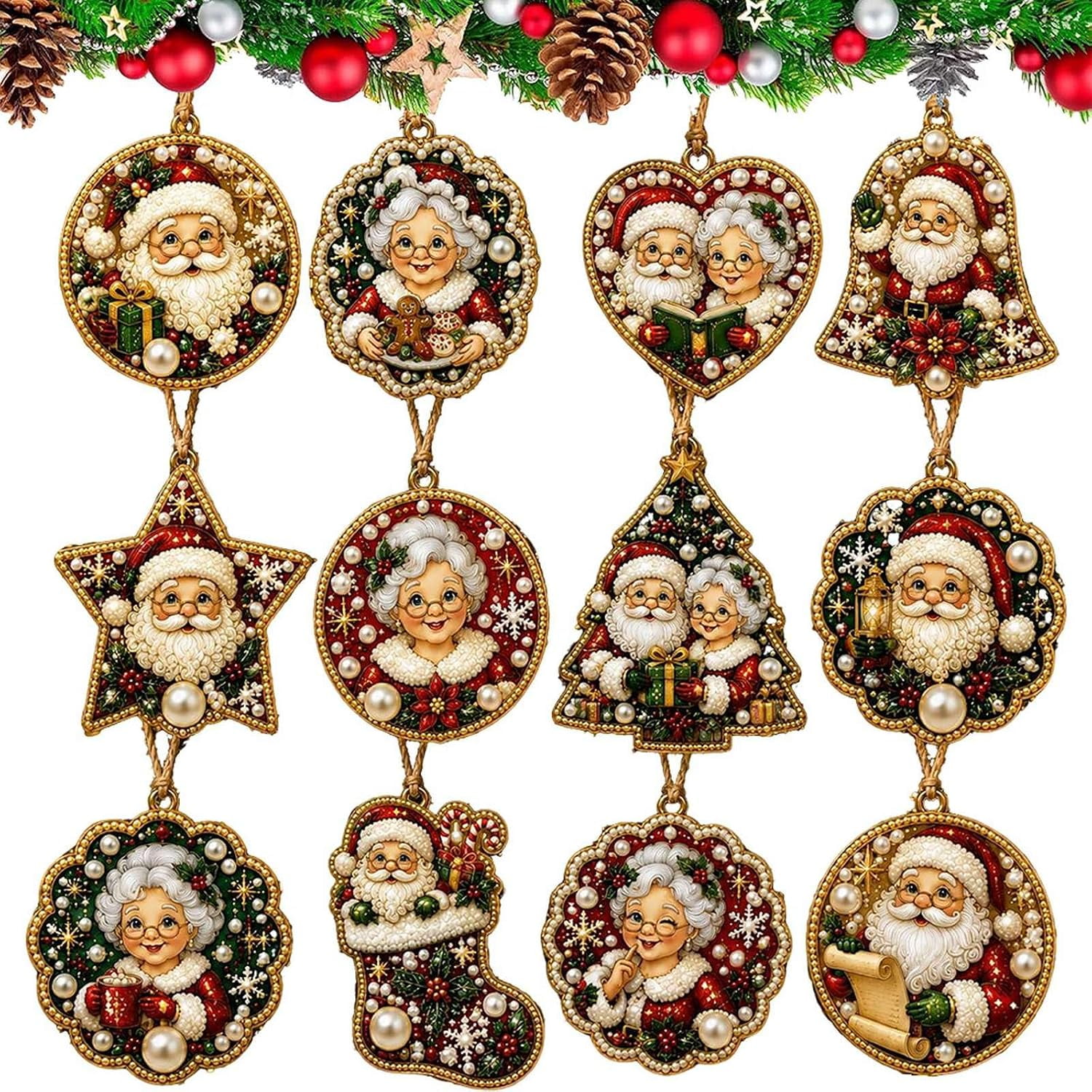 12 PCS Christmas Pearl Diamond Art Ornament Kit, 5D DIY Hanging Decor ...