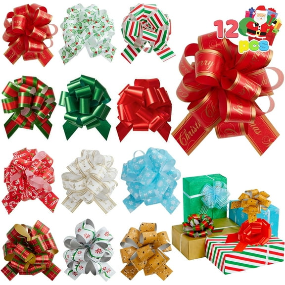 12 PCS Christmas Wrap Ribbon Pull Bows (5" Wide), Easy Fast Gift Wrapping Accessory for Presents, Baskets, Wine Bottles Decoration, Xmas Gift Wrapping Present Decoration(Random Style)