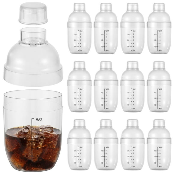 12 PCS Clear Cocktail Shakers, 350 ml Plastic Shaker Bottle with Strainer, Bartender Tool Scaled Drink Mixer for Bar Party
