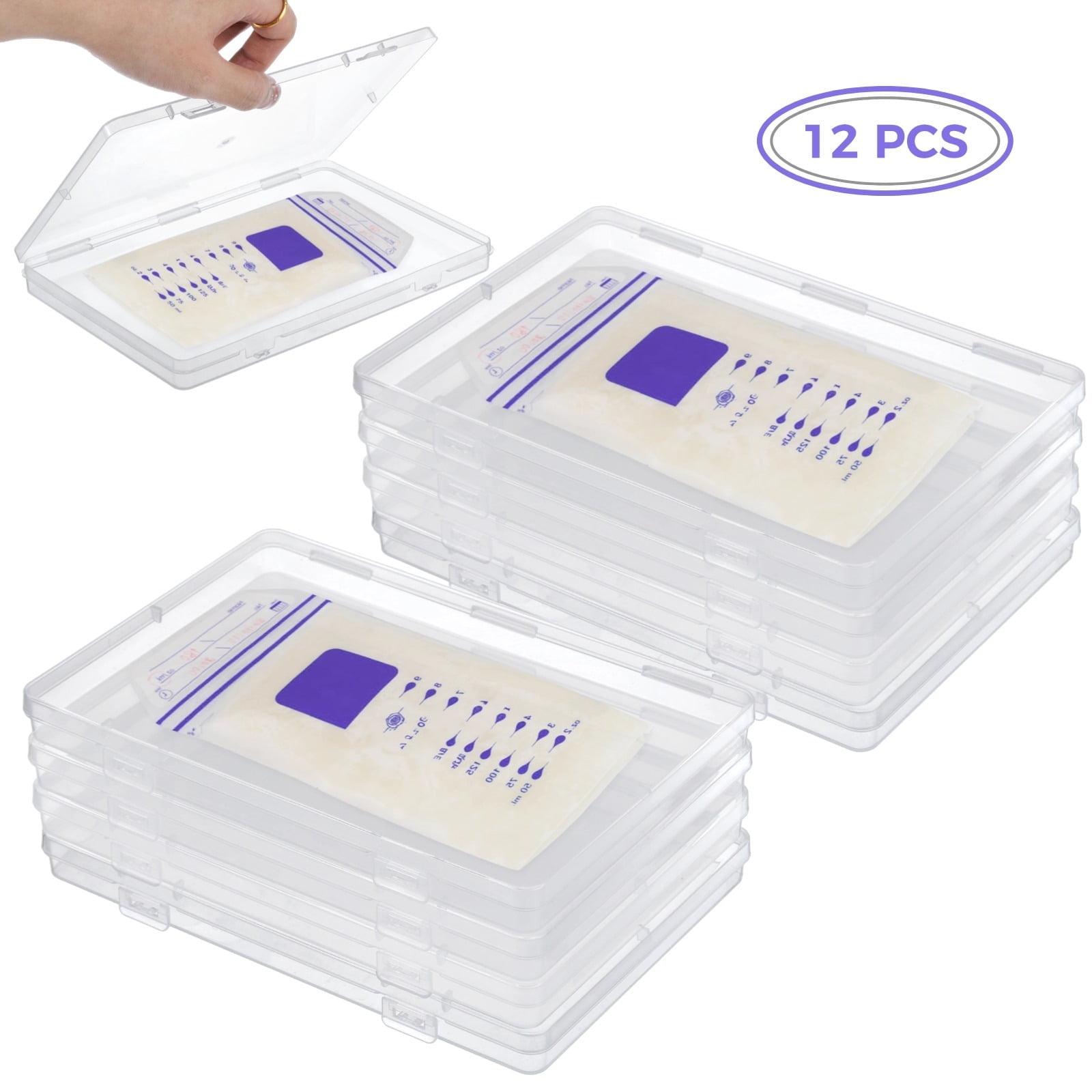 12 PCS Clear Flat Breast Milk Freezer Storage Organizers, 7.5 x 5.1 x 0.7 Inches Space Saving Breastmilk Storage Trays, Breastfeeding Bag Organization