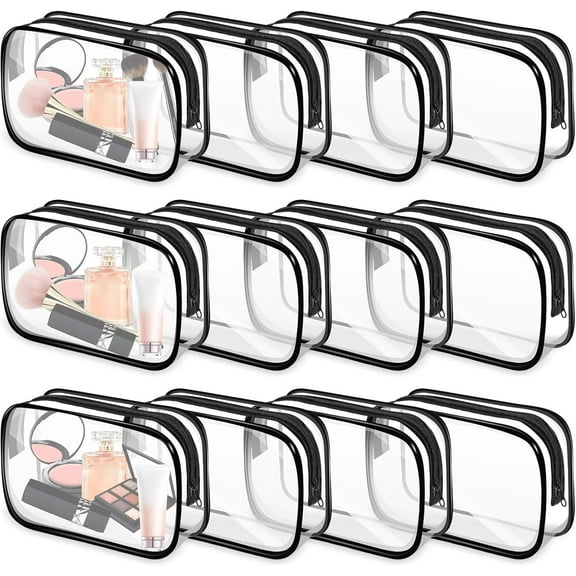 12 PCS Clear Makeup Bags,Clear Toiletry Bag,PVC Clear Cosmetic Bags with Zipper,Portable Transparent Toiletry Bags for Travel Women Men(Black,Medium)