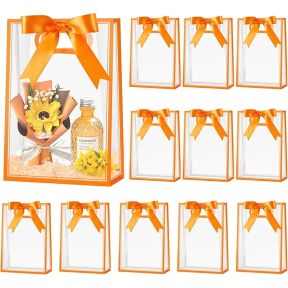 12 PCS Clear Plastic Gift Bags with Handles, Orange Waterproof Clear PVC Reusable Party Favor Bags with Ribbon, 10.2 x 7.1 x 3.1 Inch, for Wedding, Birthday, Party, Candy & Gifts