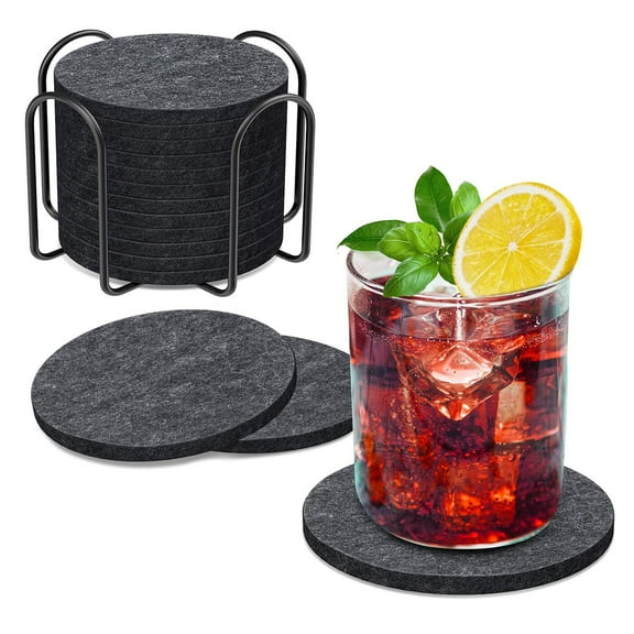 12 PCS Coasters with Metal Holder, KIMHY Coaster for Drinks,Beer,Coffee, Absorbent Felt Drink Coaster for Kinds of Cups, Hot or Cold, Anti-SLI for Tabletop Protection & Decor, 4"