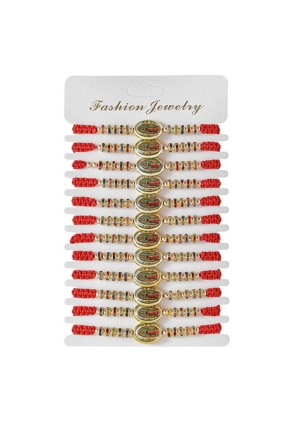 12 PCS Colorful Virgin Mary Bracelet Oval Virgen de Guadalupe Charm Handmade Red String Bracelet Rosary Protection Bracelets Gift for Women Men Family