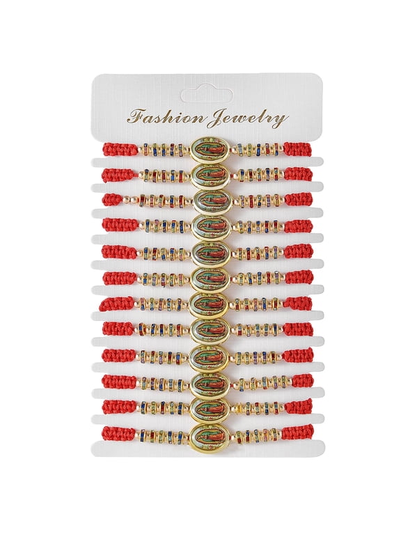 12 PCS Colorful Virgin Mary Bracelet Oval Virgen de Guadalupe Charm Handmade Red String Bracelet Rosary Protection Bracelets Gift for Women Men Family