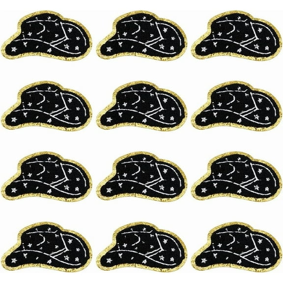 12 PCS Cowboy Hat Iron On Patches 2x3.6inch Black Western Cowboy Hat Embroidered Patches DIY Decorative Iron/Sew On Patches Appliques for Jeans Shirt Trucker Hat Cap Crafts for DIY