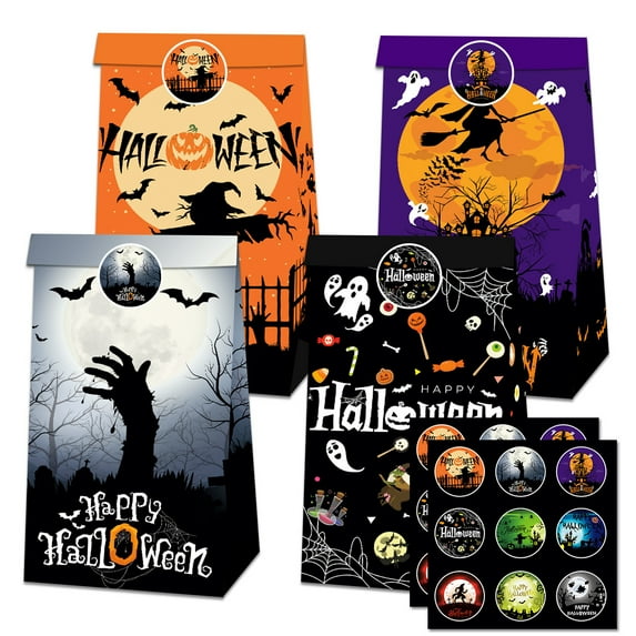 12 PCS Cute Halloween Goodie Bags 4 Style Paper Treat Bags for Halloween Party Favor Trick or Treat Gifts Candies Snacks Party Supplies 18 Stickers Included