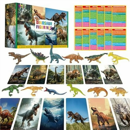 12 PCS Dinosaur Figurines with 12 Introducing Flashcards,Portable Dinosaur Figurines Montessori Toys Science Educational Matching Game for Homeschool Preschool Toddler Kids