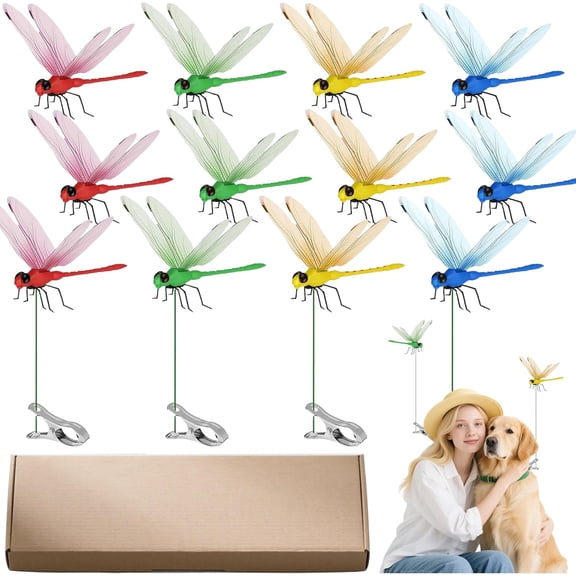 12 PCS Dragonfly Clips for Bugs Repellent Outdoor, DIY Dragonfly Garden Stakes Decor for Yard Patio Garden, Dragon Fly Hat Clip, Dragonfly Clips to Keep Bugs Away Fly Scare Devices (4 Color Set)