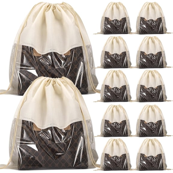12 PCS Dustproof Drawstring Bags,Breathable Non-Woven Fabric Drawstring Dust Covers,Storage Bags Dust Bag for Handbags Shoes Purses,Beige