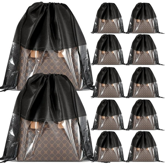 12 PCS Dustproof Drawstring Bags,Breathable Non-Woven Fabric Drawstring Dust Covers,Storage Bags Dust Bag for Handbags Shoes Purses,Black