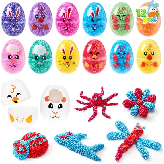 12 PCS Easter Prefilled Eggs with Foam Squishy Toys, Stress Reliever Fillers for Easter Egg Hunt, Kids Party Favors, Basket Stuffers, DIY Arts and Crafts, Classroom Prizes