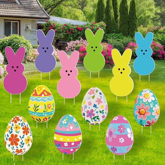 12 PCS Easter Yard Outdoor Decorations- Easter Bunny Eggs Yard Signs with Stakes - Large Size Rabbit Egg Waterproof Lawn Signs for Party Supplies Garden Spring Home Decor