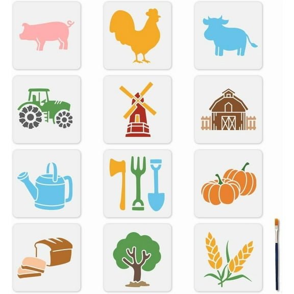 12 PCS Farm Animal Stencils Set 5.95.9 Inches Tractor Pumpkins Bread Tree Reusable Stencil with Paint Brush Pig Chicken Hollow Drawing Templates