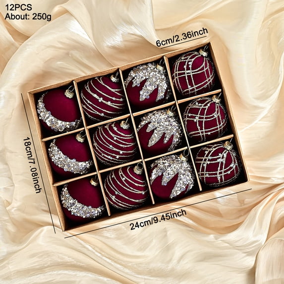 12-PCS Flocking Painted Velvet Christmas Balls Adorned with Rhinestone Details for Party Venue and Tree Decoration, 2.4" Ornaments for Your Home red A