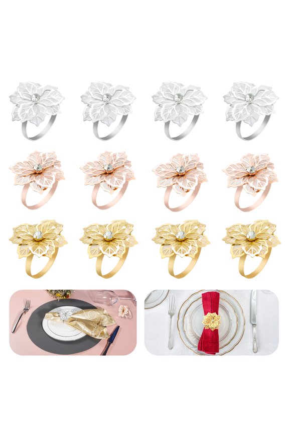 12 PCS Flower Napkin Rings, Hollow Out Design Napkin Holder Floral Rhinestone Serviette Buckles for Wedding Party Banquet Thanksgiving Halloween Dinner Table Decor and Daily Use