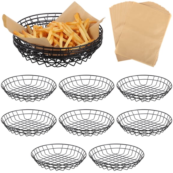 12 Pack Wire Serving Baskets with Deli Paper (50 Sheets), Metal Snack & Bread Baskets for Restaurants, Party Catering, Food Display, Commercial Use