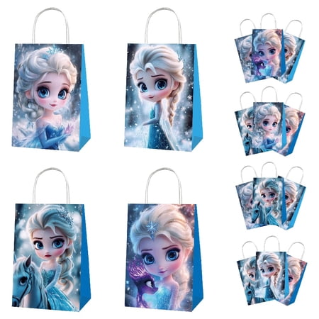 12 PCS Frozen Cartoon Anime Party Kraft Paper Goodie Bags – Small Gift Bags for Frozen Themed Birthday Supplies & Decor