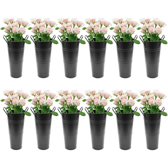 12 PCS Galvanized Flower Bucket, Metal Vases Bucket with Handles, Flower Buckets for Cut Flowers, Flower Containers for Country Wedding Party Table Centerpiece Decor