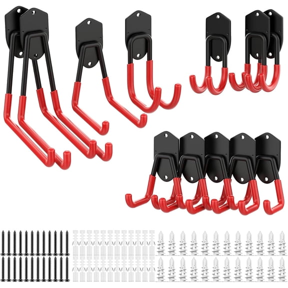 12 PCS Garage Storage System Hooks, Wall Mount Heavy Duty Rubber Coated Utility Hooks for Garden Tools, Ladders, Cords, Folding Chairs, Weed Eaters, Shovels and Rakes