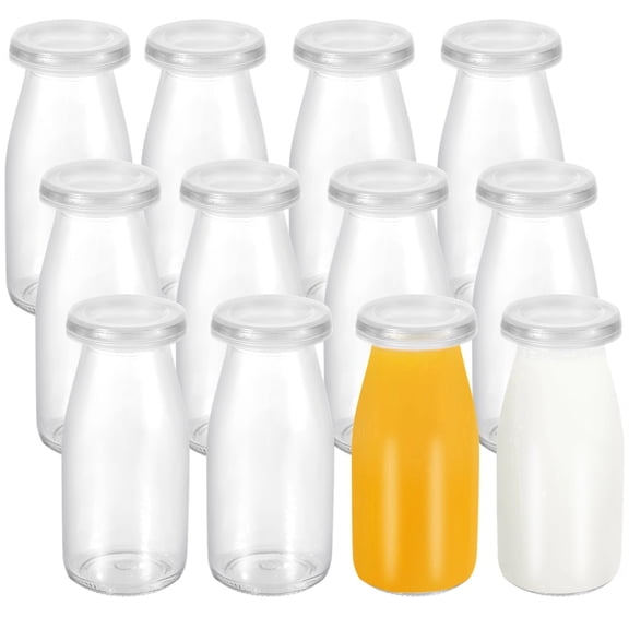 12 Pack Glass Milk Bottles with Lids 6.7 oz Reusable Clear Juice Bottles, Pudding & Yogurt Containers for Breakfast, Picnic & Party, Plastic Leak-Proof Lids