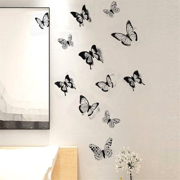 12 PCS Glossy Butterfly Stickers, Exquisite Black & White Butterfly Pattern Removable Wall Decals, Modern Home Indoor Decor for Bedroom, Living Room & Party