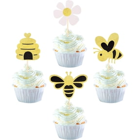 12 PCS Gold Glitter Bee Themed Cupcake Toppers, Bumble Bee Hive Flower Cupcake Picks, Glitter Paper Cake Decorations for Bee Baby Shower, Bumble Bee Birthday Party