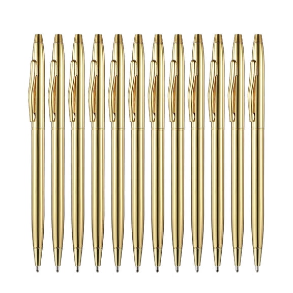 12 PCS Gold Slim Ballpoint Pens Black Ink 1 mm Medium Point Metallic Retractable Pens for Students Teachers Office