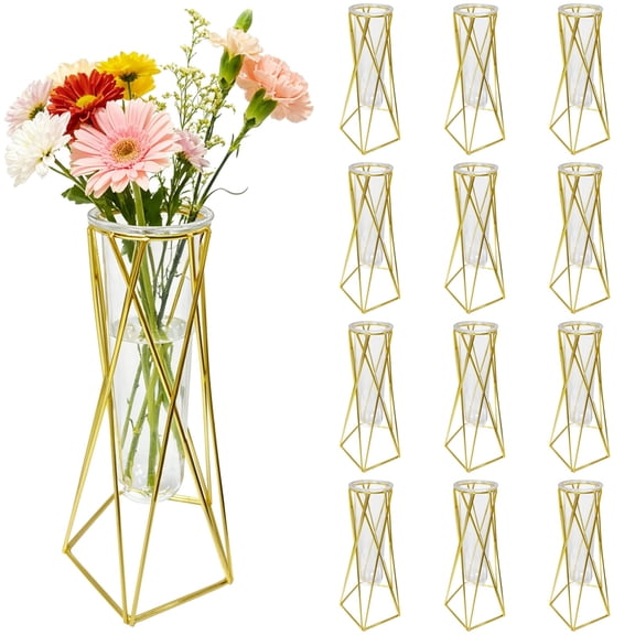 12 PCS Golden Geometric Vase for Centerpieces, Glass Tube with Metal Stand, Modern Wedding Table Decoration, Hydroponic Flower Holder Plant Pot for Home Office Party Decor