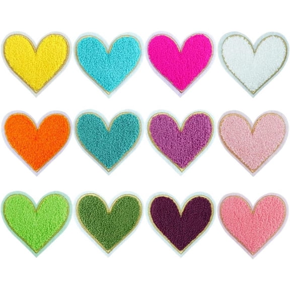 12 PCS Golden Lightning Chenille Iron-On Patches for DIY Hats, Bags, and Clothes (Love Heart)